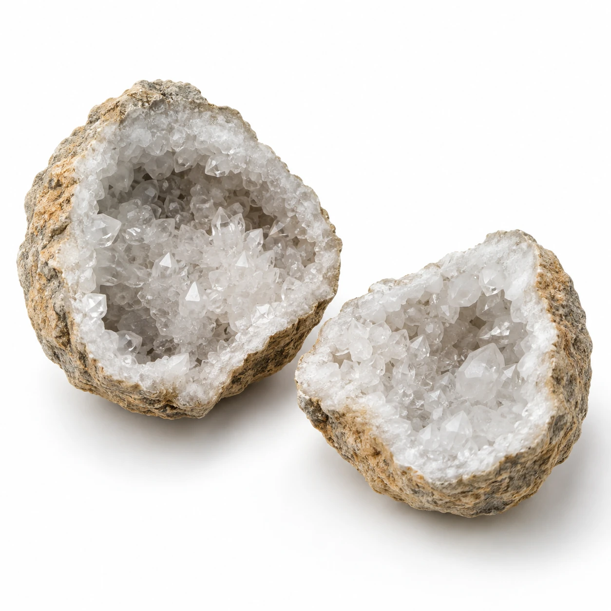 Verschillende exemplaren van Kwarts Geode op een witte achtergrond