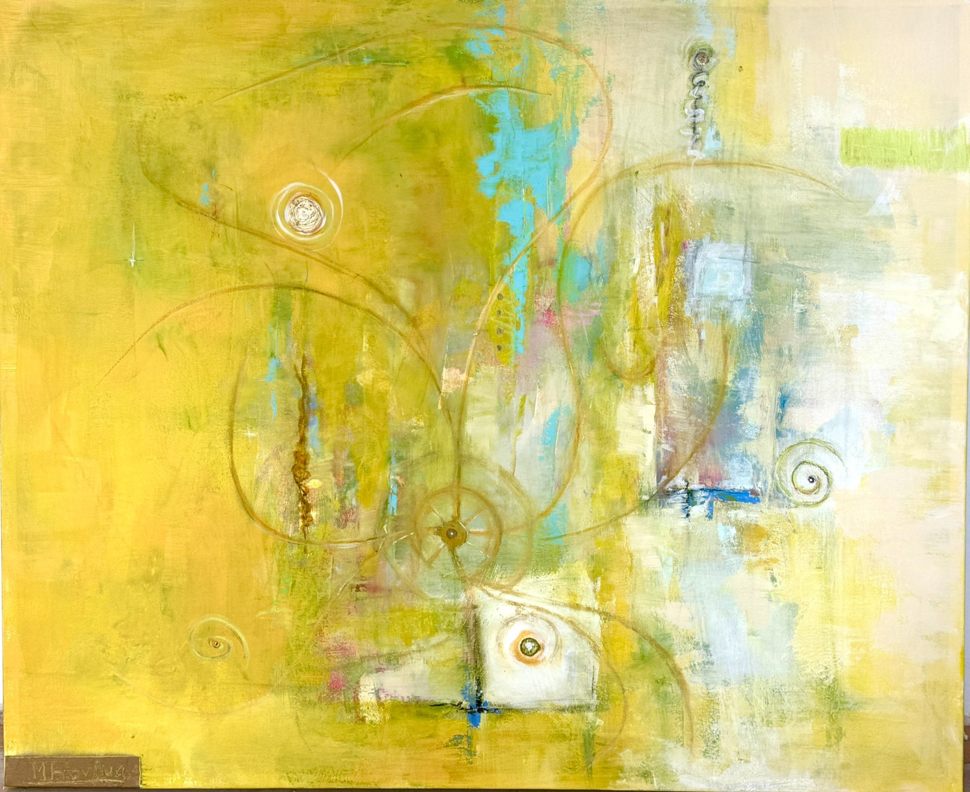 Het gele abstracte schilderij van Martine Hoving, een kwartslag tegen de klok in gedraaid
