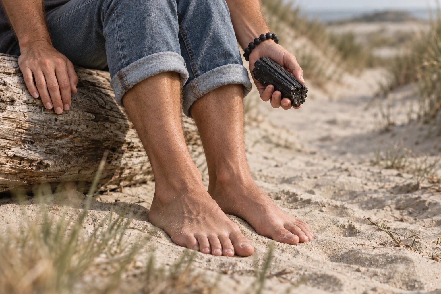 Man met opgerolde spijkerbroek en blote voeten in het zand, met zwarte toermalijn en een donkere edelstenenarmband